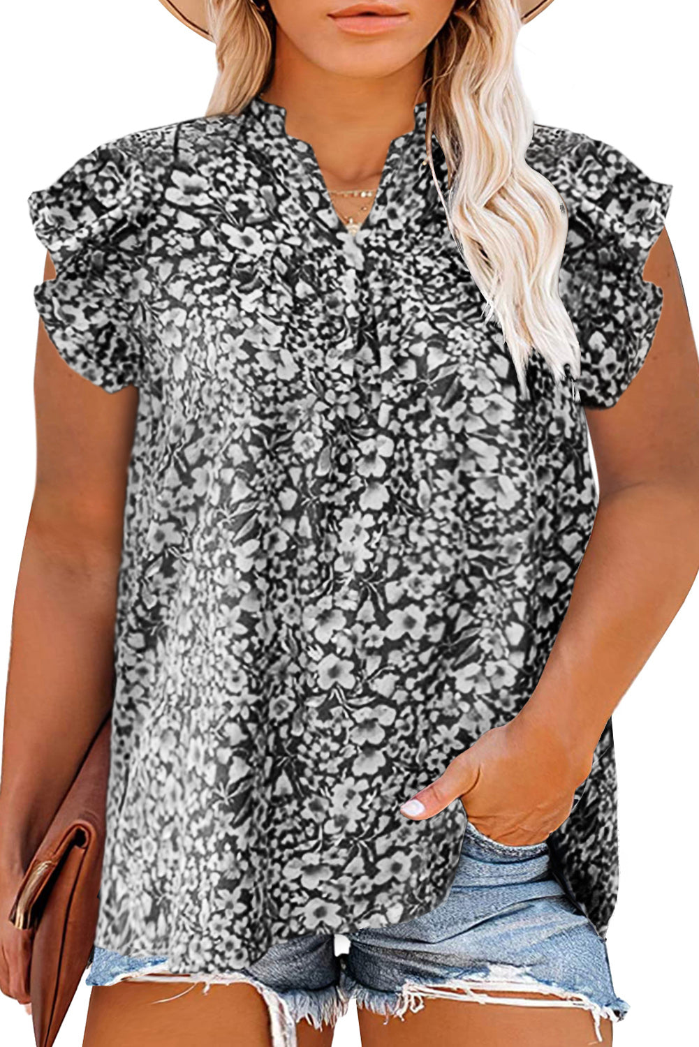 Floral Print Ruffle Sleeve Plus Size Shift Top