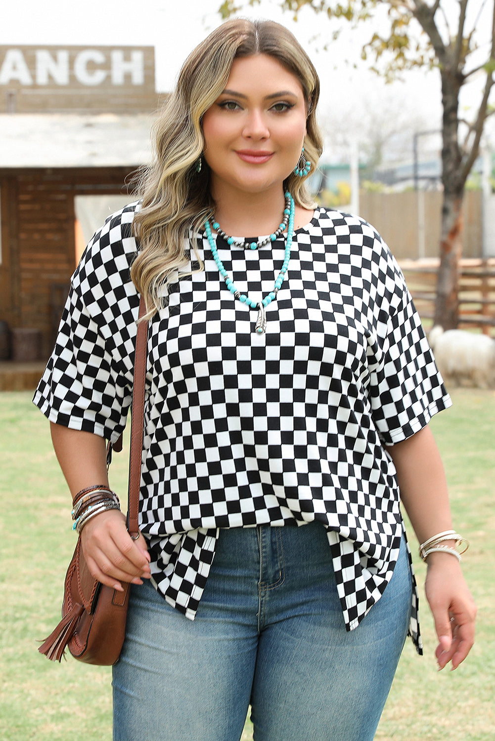 Checkered Print Side Slits O Neck Plus Size T Shirt