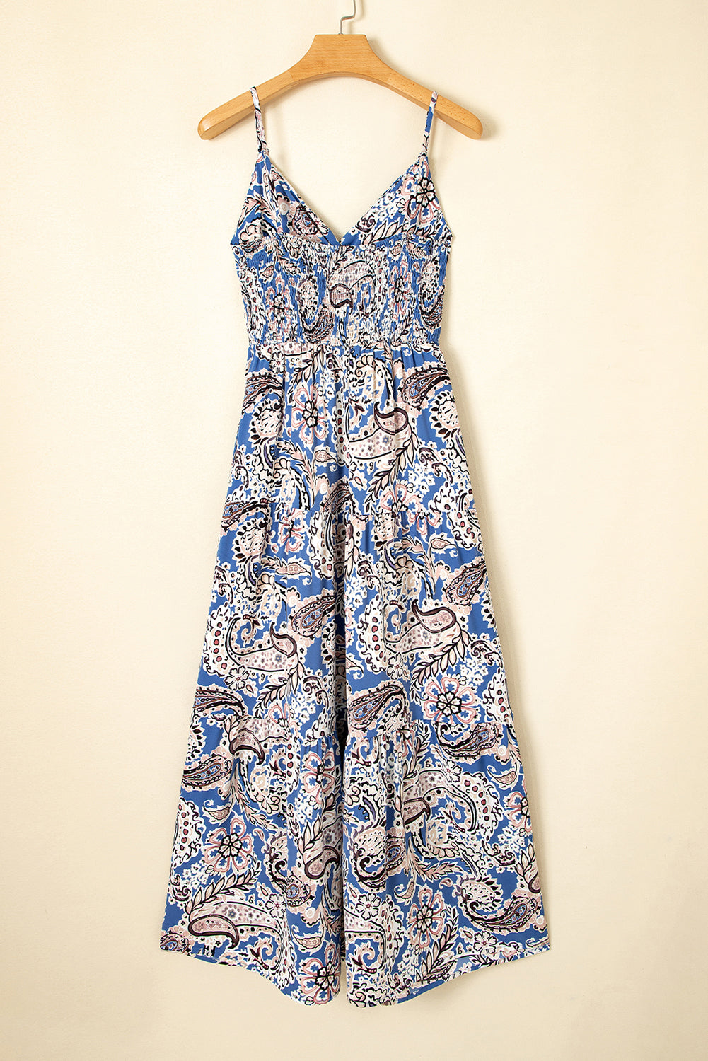 Paisley Print Twist Detail Smocked Back Spaghetti Straps Long Dress