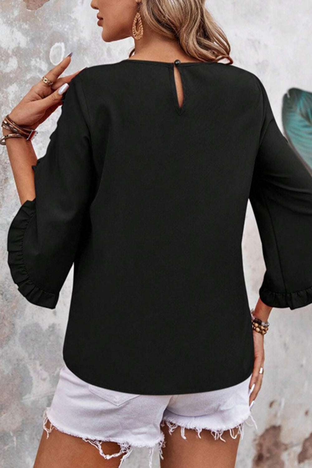 Ruffle Trimmed 3/4 Sleeve Round Neck Blouse