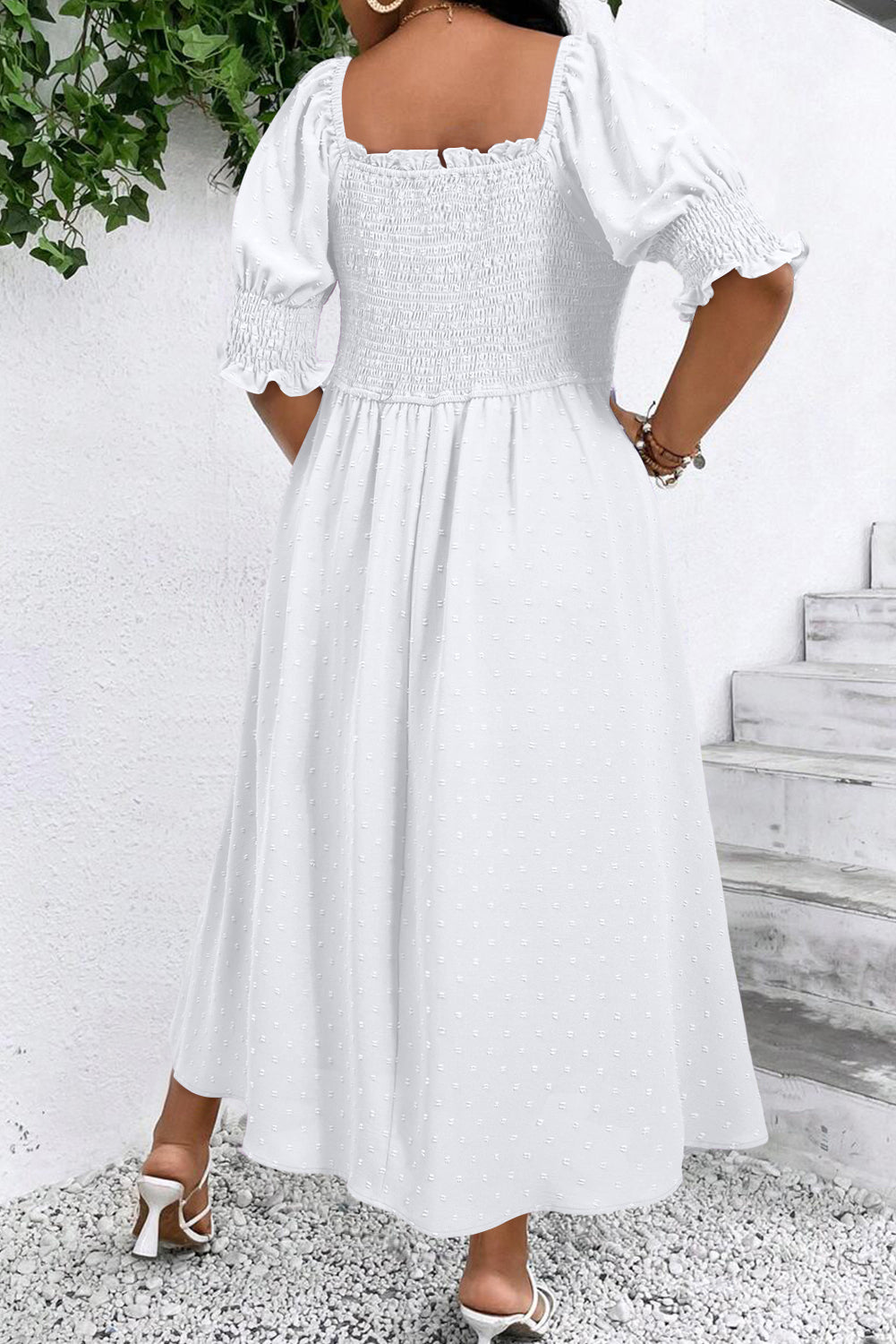 Swiss Dot Smocked Frilled Neckline Short Sleeve Plus Size Dress