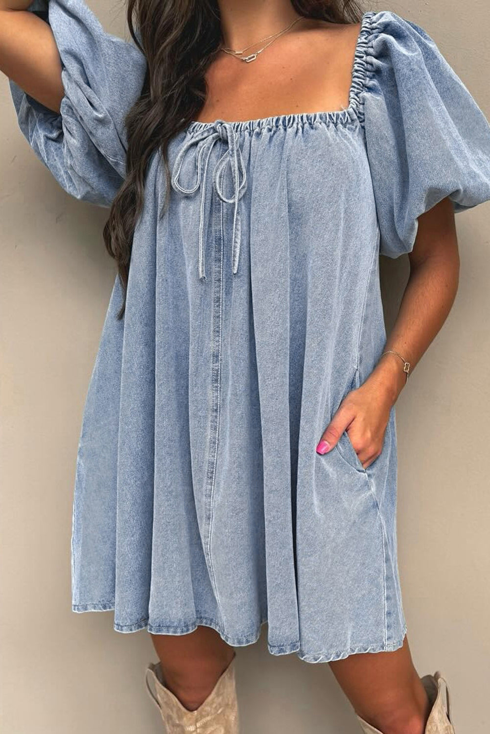 Bubble Sleeve Square Neck Denim Babydoll Dress