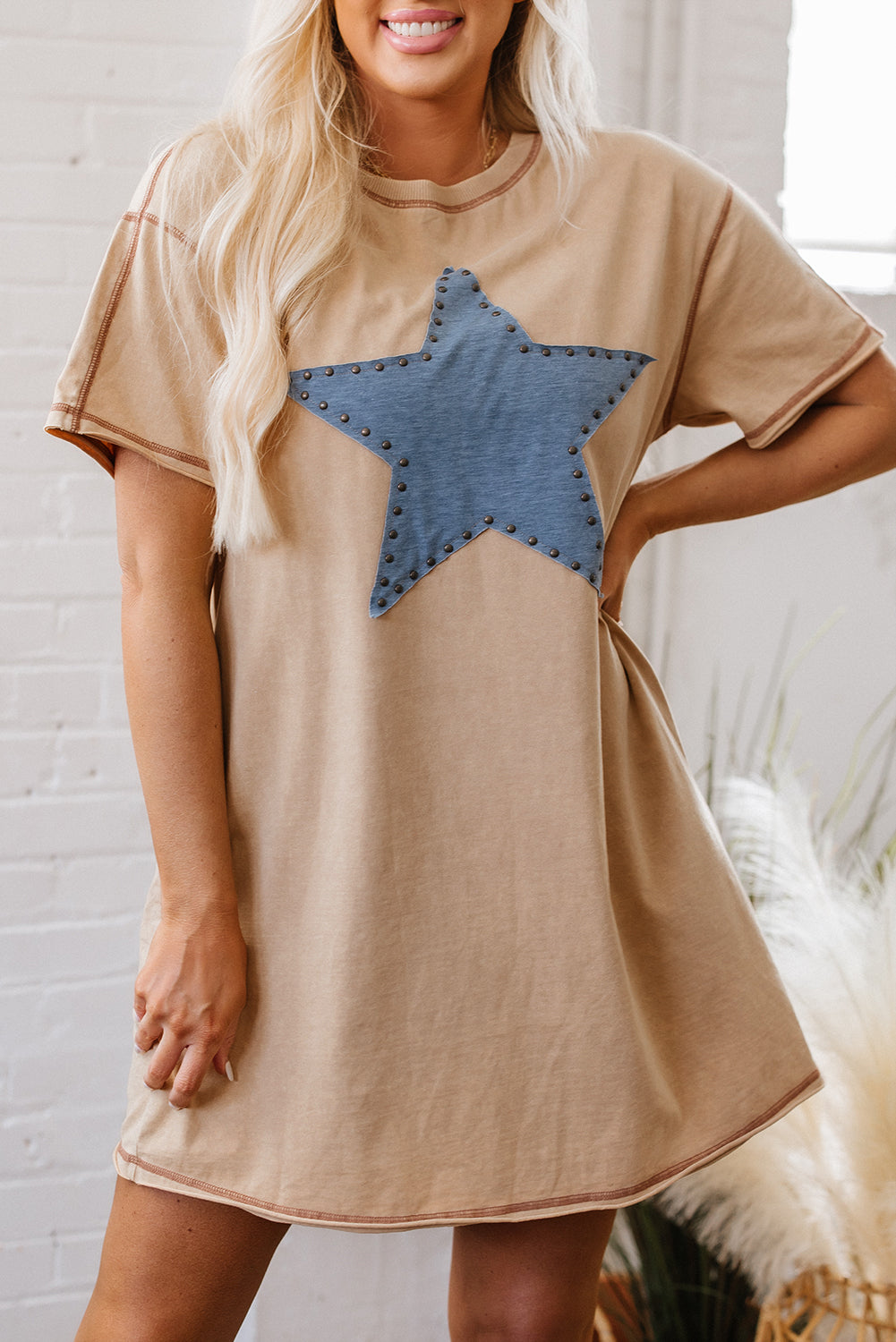Mineral Wash Stud Beaded Star Graphic Pocketed T Shirt Dress