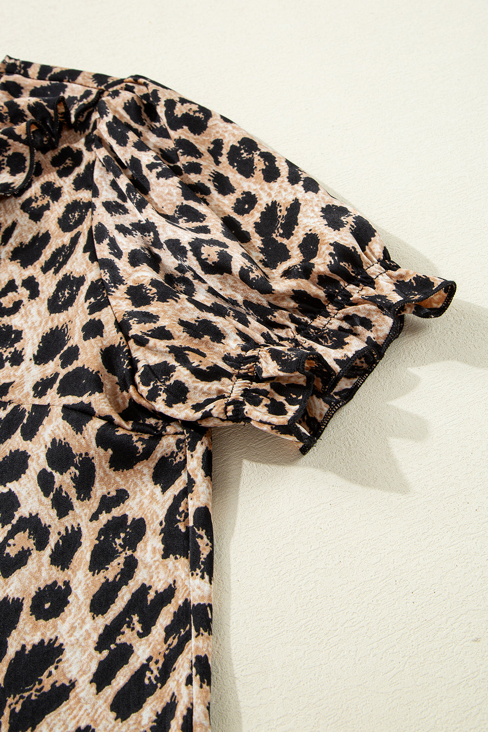 Leopard Ruffled Neck Cascading Puff Short Sleeve Top