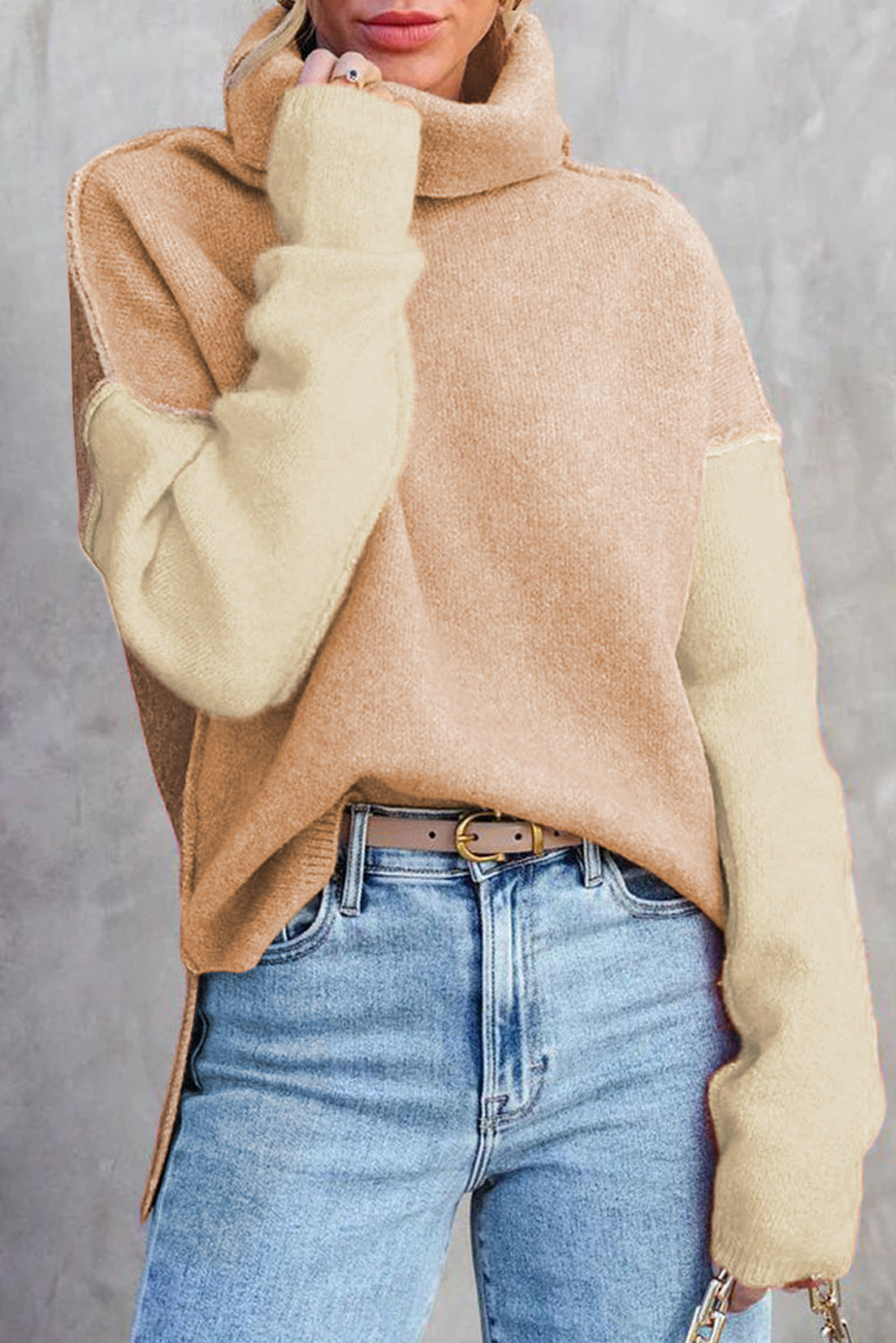 White Color Block Turtle Neck Drop Shoulder Knit Sweater
