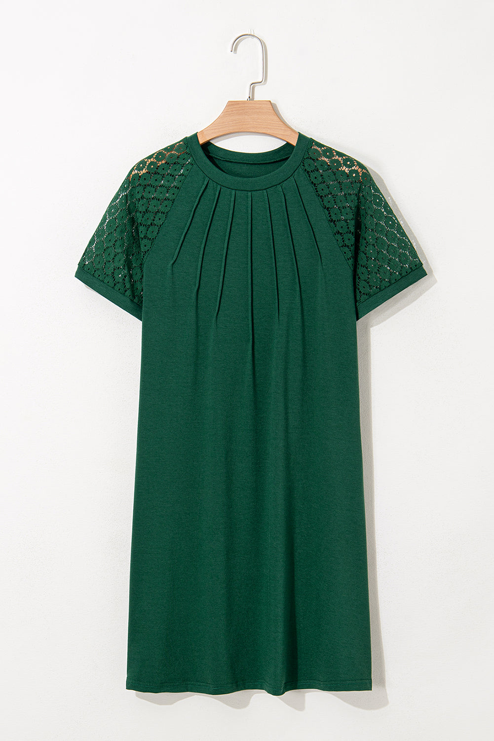 Contrast Lace Raglan Sleeve Pleated Detail Shift Dress