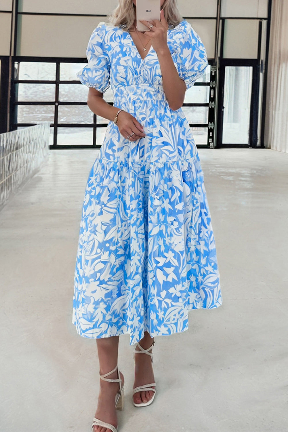 Floral V Neck Puff Short Sleeve Flowy Long Dress