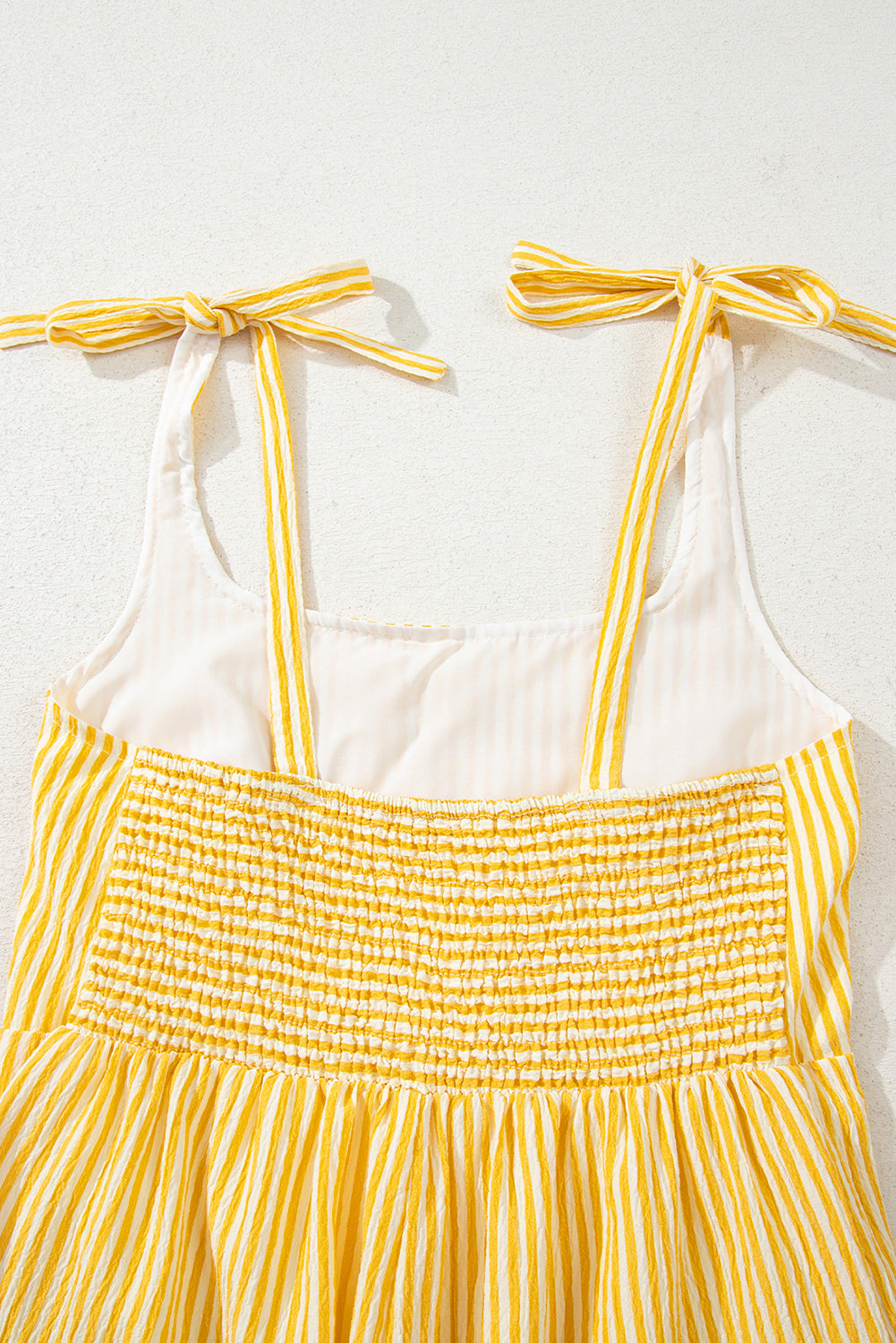 Stripe Shoulder Tie Smocked Back Wide Leg Casual Romper