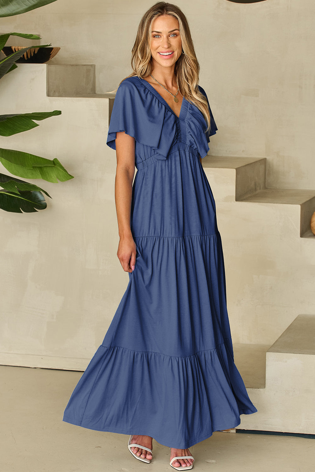Textured V Neck Flutter Sleeve Ruffled Maxi Dress