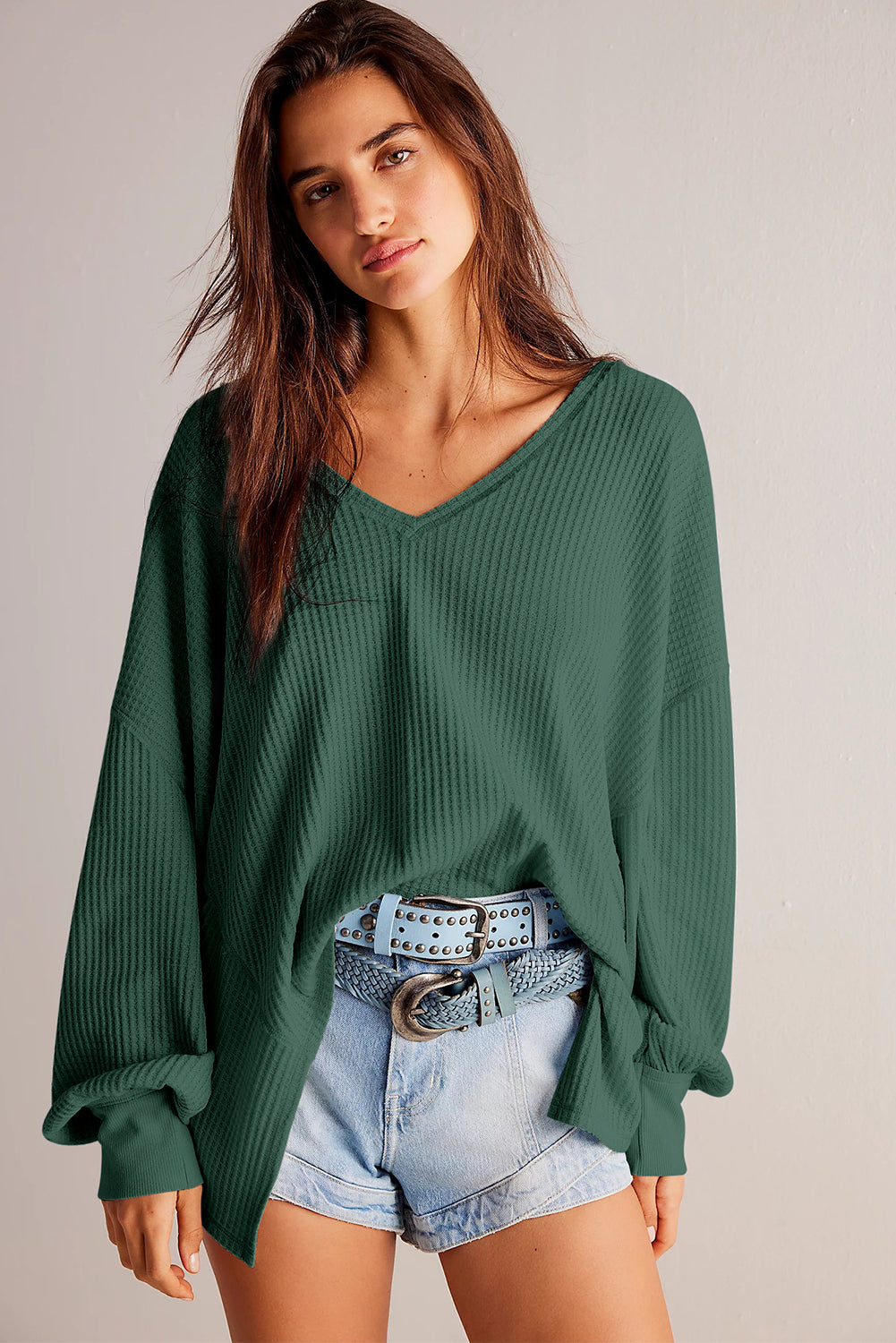 Waffle V Neck Long Sleeve Drop Shoulder Loose Blouse