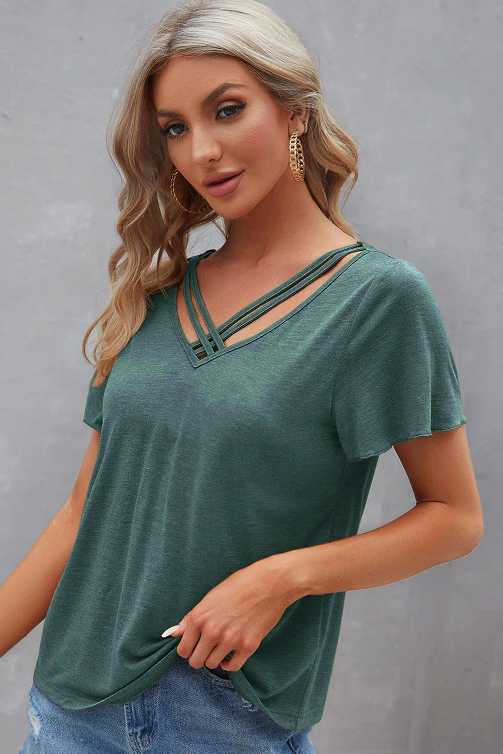 Crisscross V Neck Butterfly Sleeve T Shirt