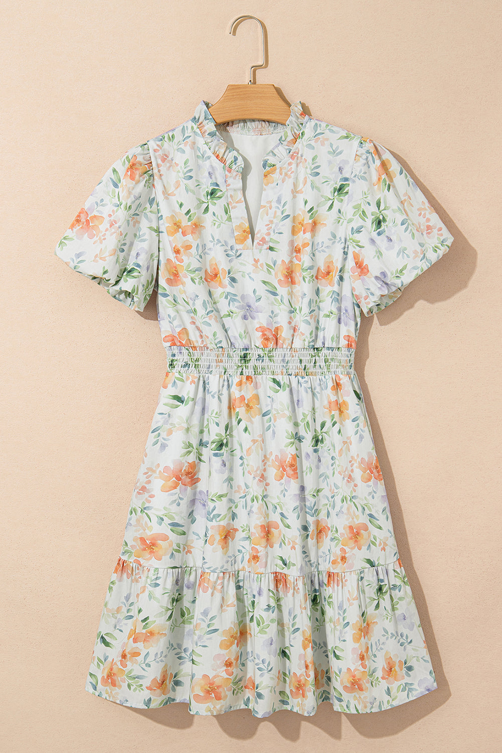Floral Print Shirred High Waist Puff Sleeve Mini Dress