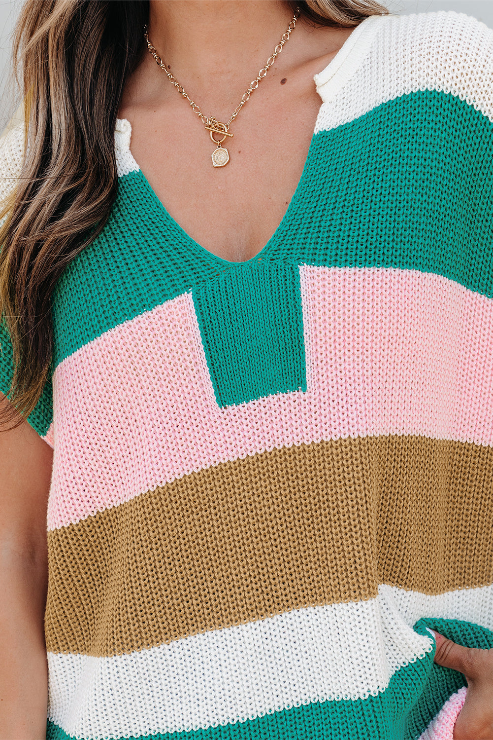 Color Block Notch V Neck Sweater T Shirt