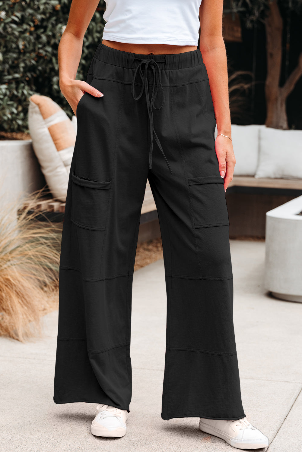 Mineral Wash Exposed Seam Drawstring High Waist Wide Leg Cargo Pants