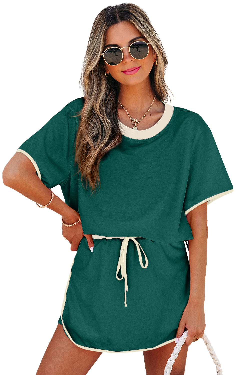Colorblock Edge Drop Shoulder T Shirt and Skirt 2Pcs Set