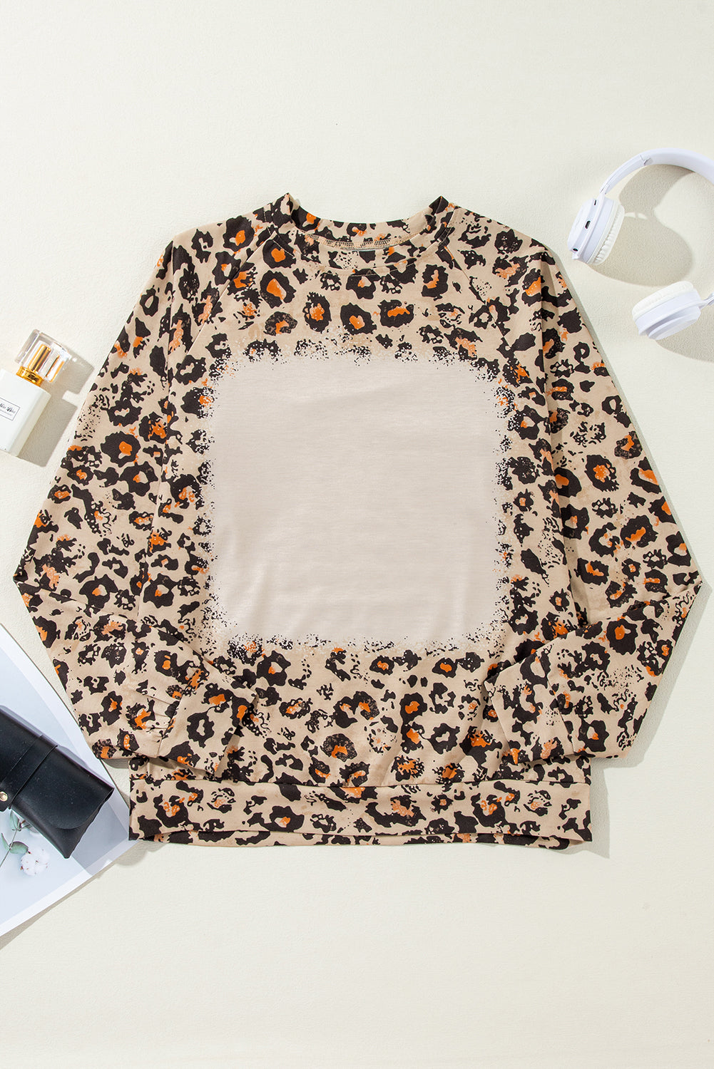 Leopard Bleached Raglan Sleeve Pullover Sweatshirt