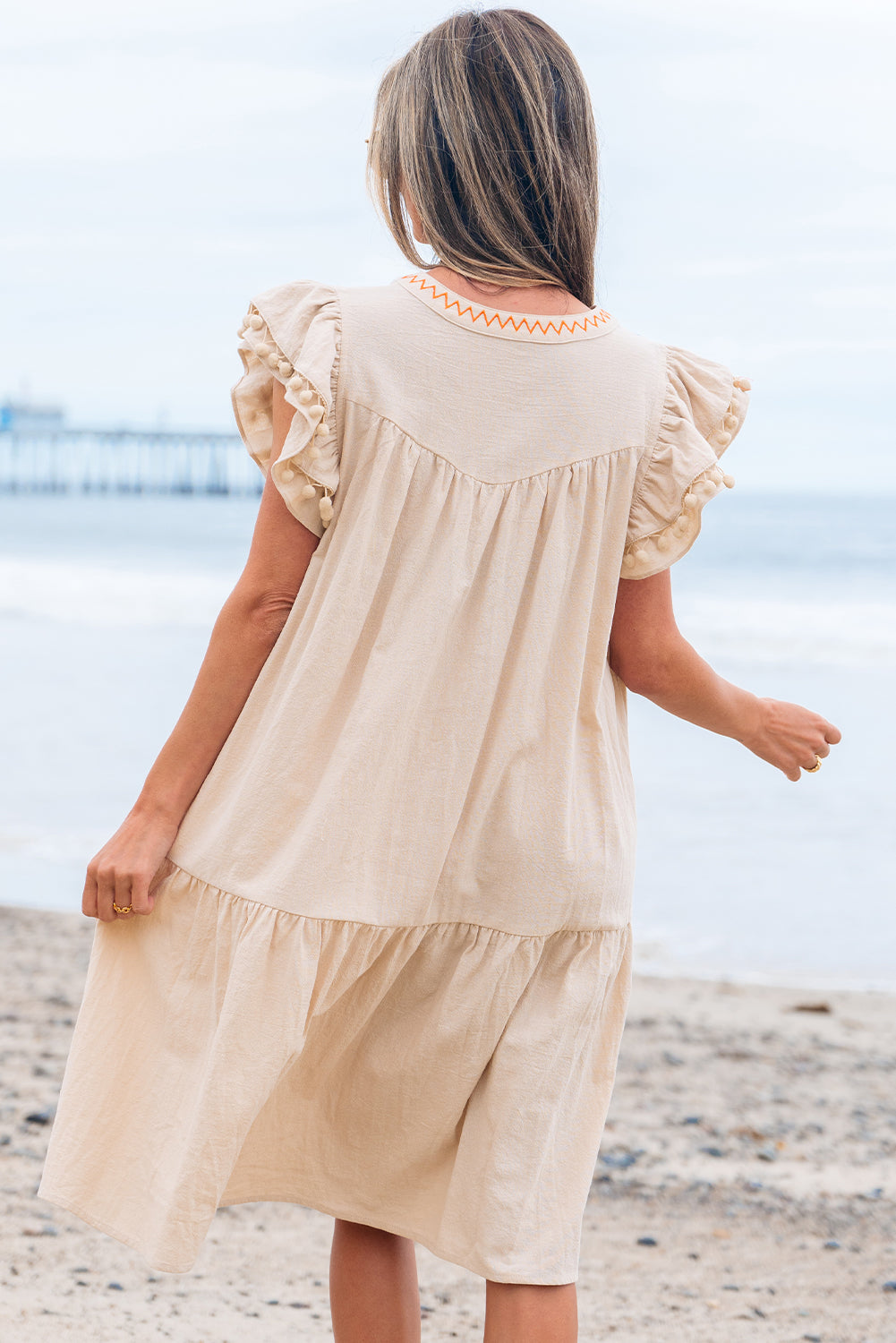 Linen Embroidery Split Neck Pom Pom Ruffle Sleeves Flowy Short Dress