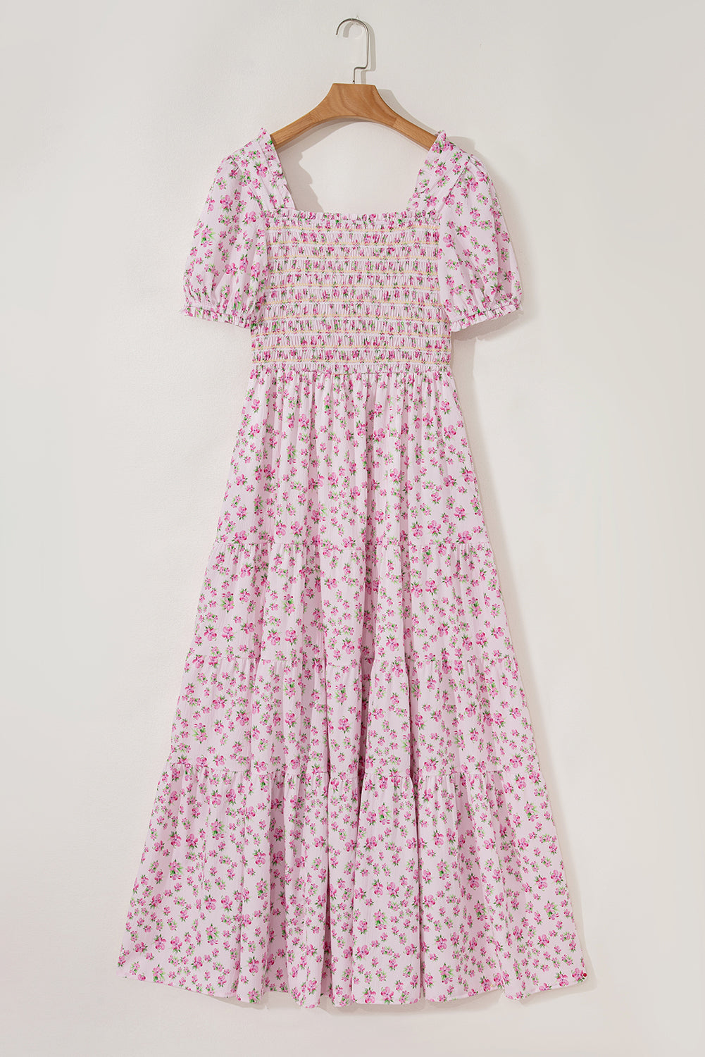 Frilly Shirred Bodice Tiered Floral Maxi Dress