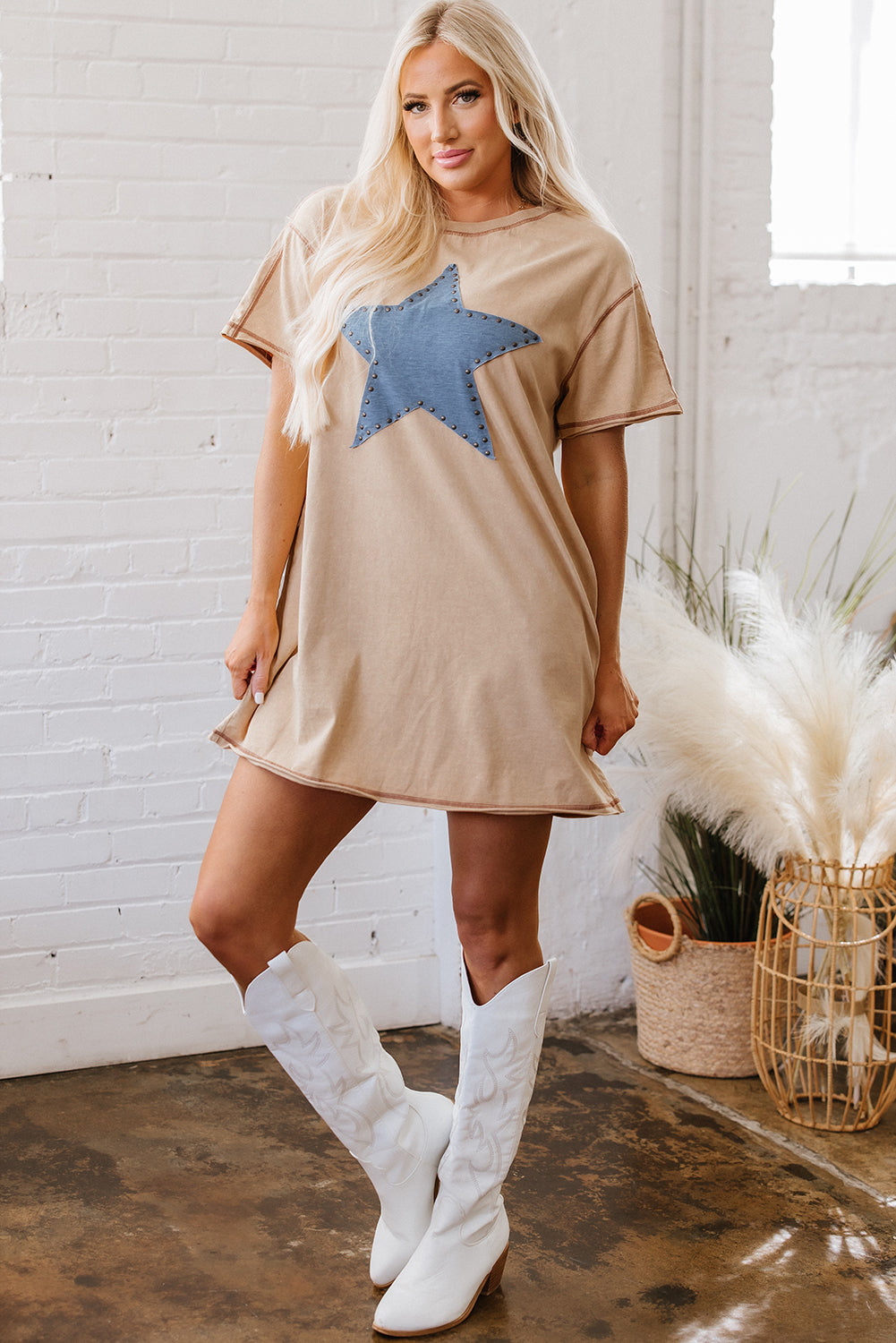 Mineral Wash Stud Beaded Star Graphic Pocketed T Shirt Dress