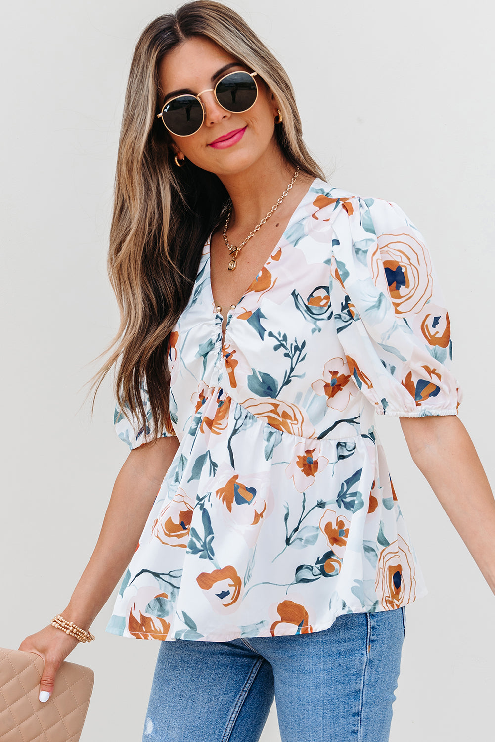 Floral Print Puff Sleeve V Neck Babydoll Blouse