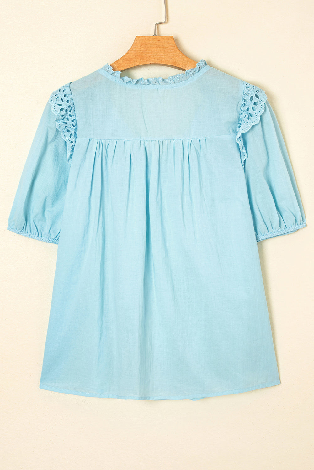 Embroidered Lace Patchwork Tie Neck Puff Short Sleeve Blouse