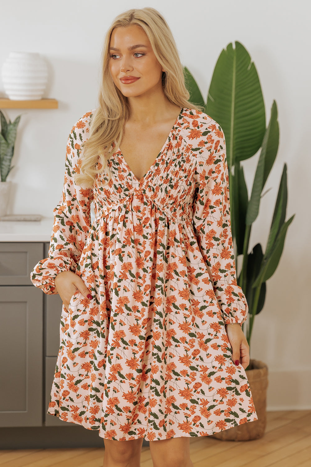 Floral Deep V Neck Smocked Bust Bubble Sleeve Babydoll Dress