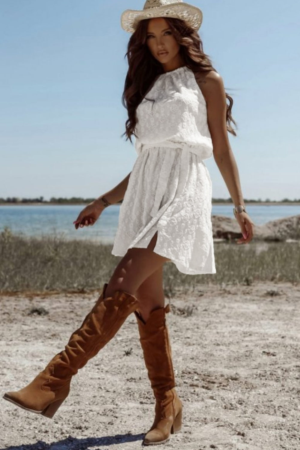 Lace Sleeveless Knot Hollow Out Back Tied Waist Mini Dress