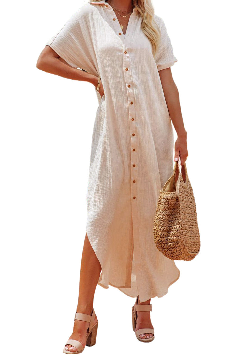 Crinkled Buttons Maxi Beach Dress with Slits