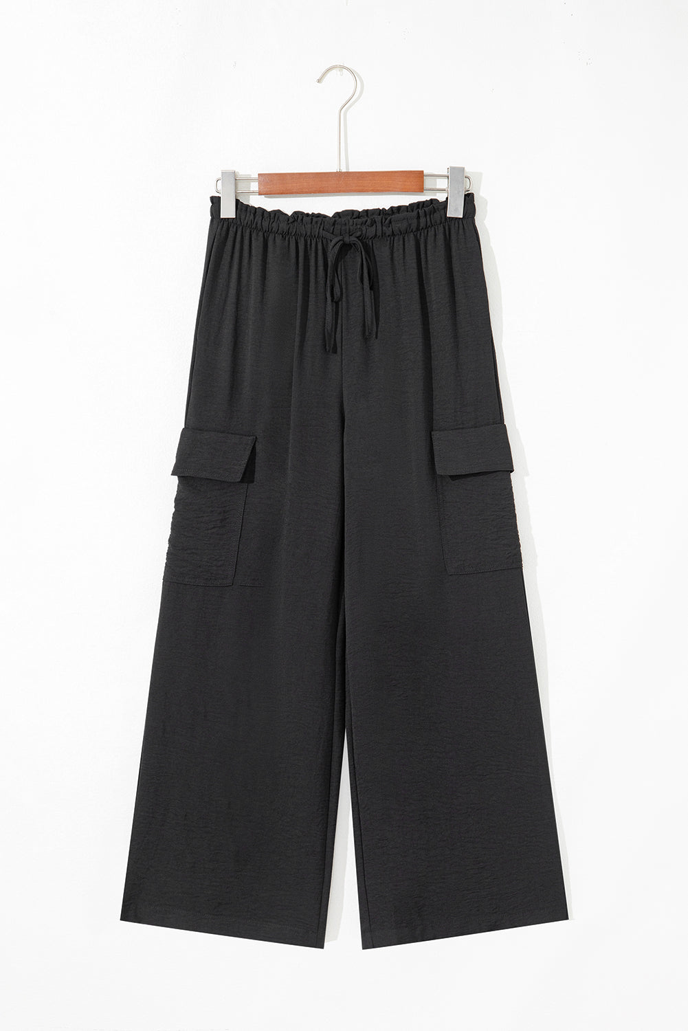 Drawstring Frilled Waist Wide Leg Utility Trousers