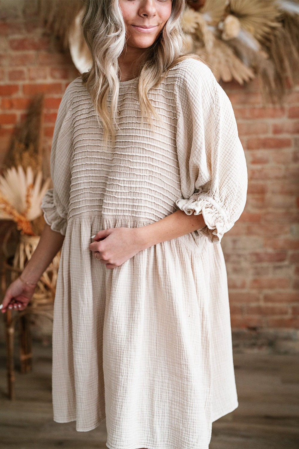 Textured Ruffled Puff Sleeve Loose Dress