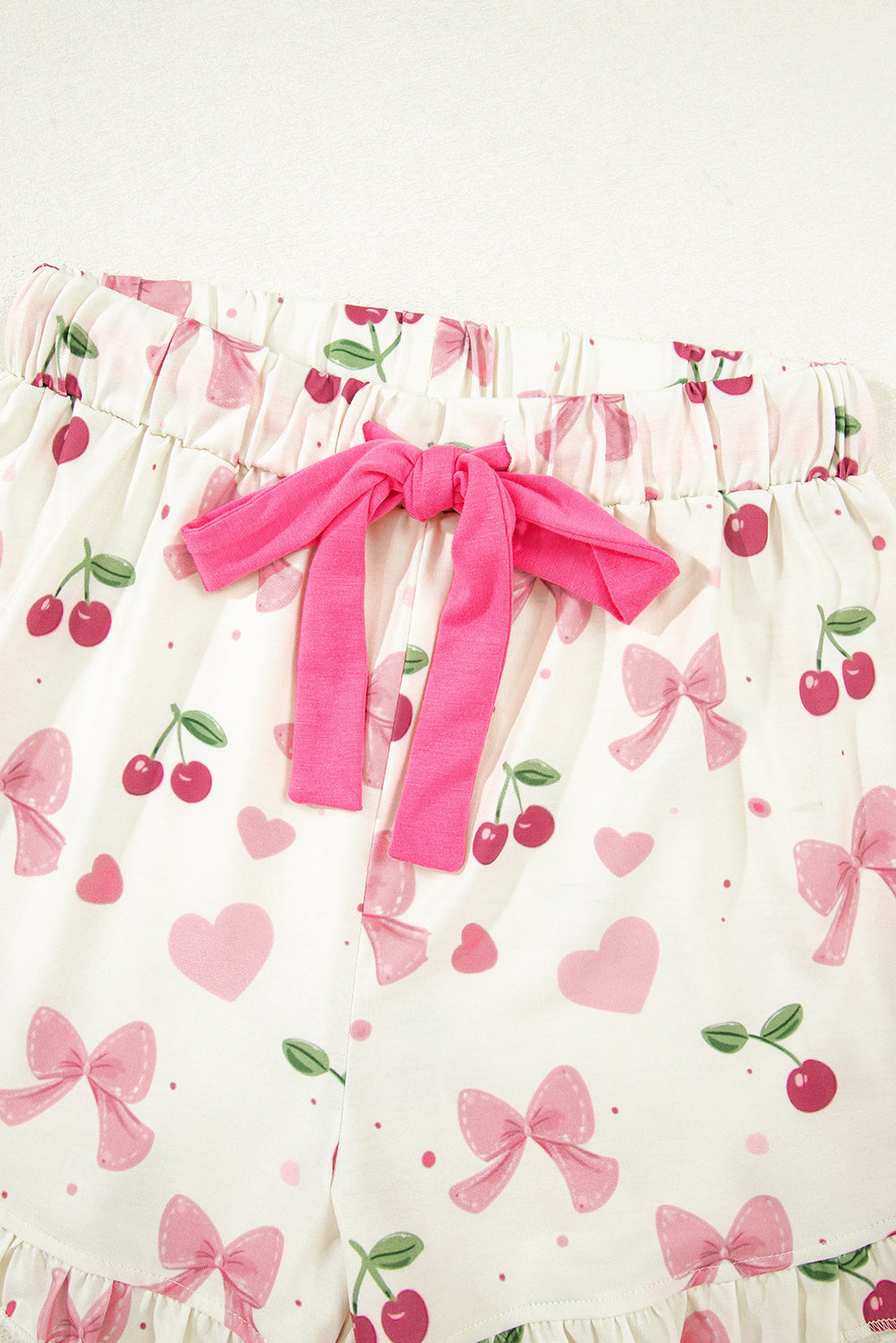 Bow Fruit Print Contrast Pipping Short Pajamas Set