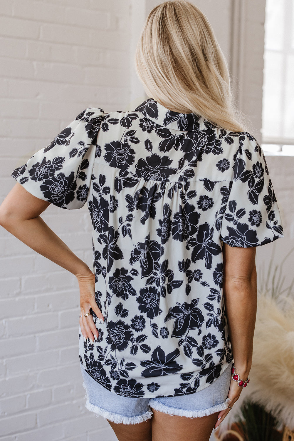 Floral Bubble Sleeve Casual Shirt