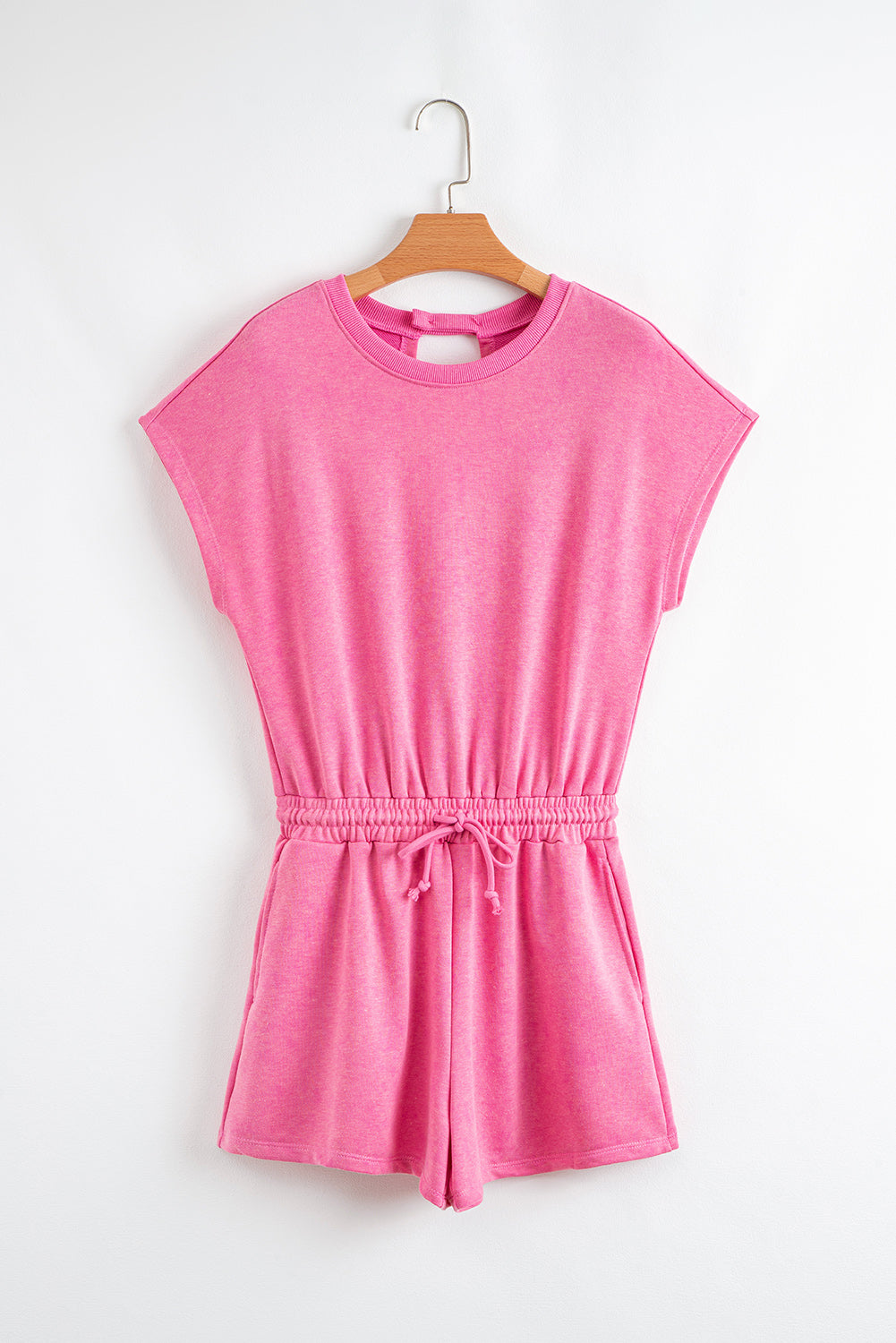 Mineral Wash Drawstring Waist Hollow Out Back Short Sleeve Romper