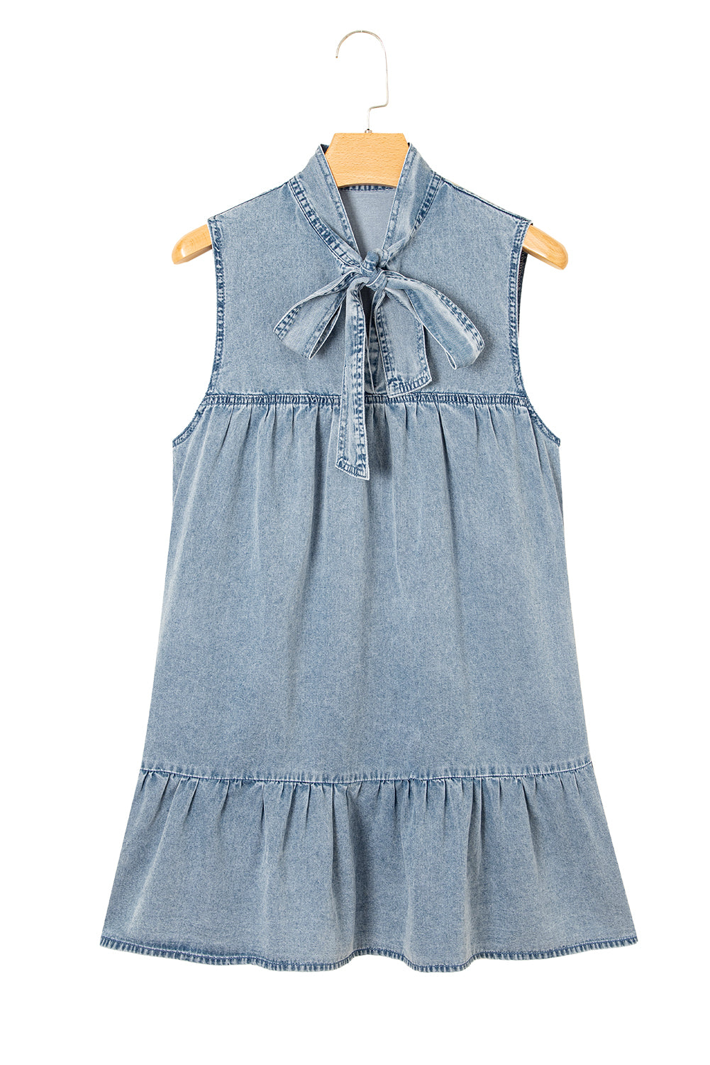 Bowknot Neck Sleeveless Ruffled Chambray Dress