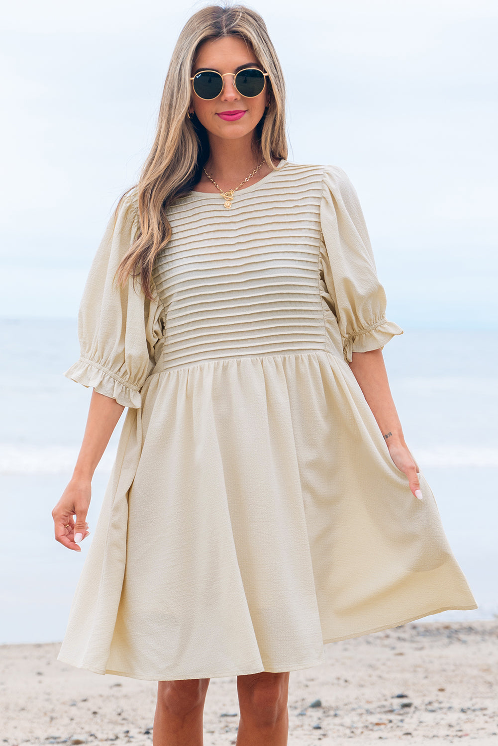 Textured Ruffled Puff Sleeve Loose Dress