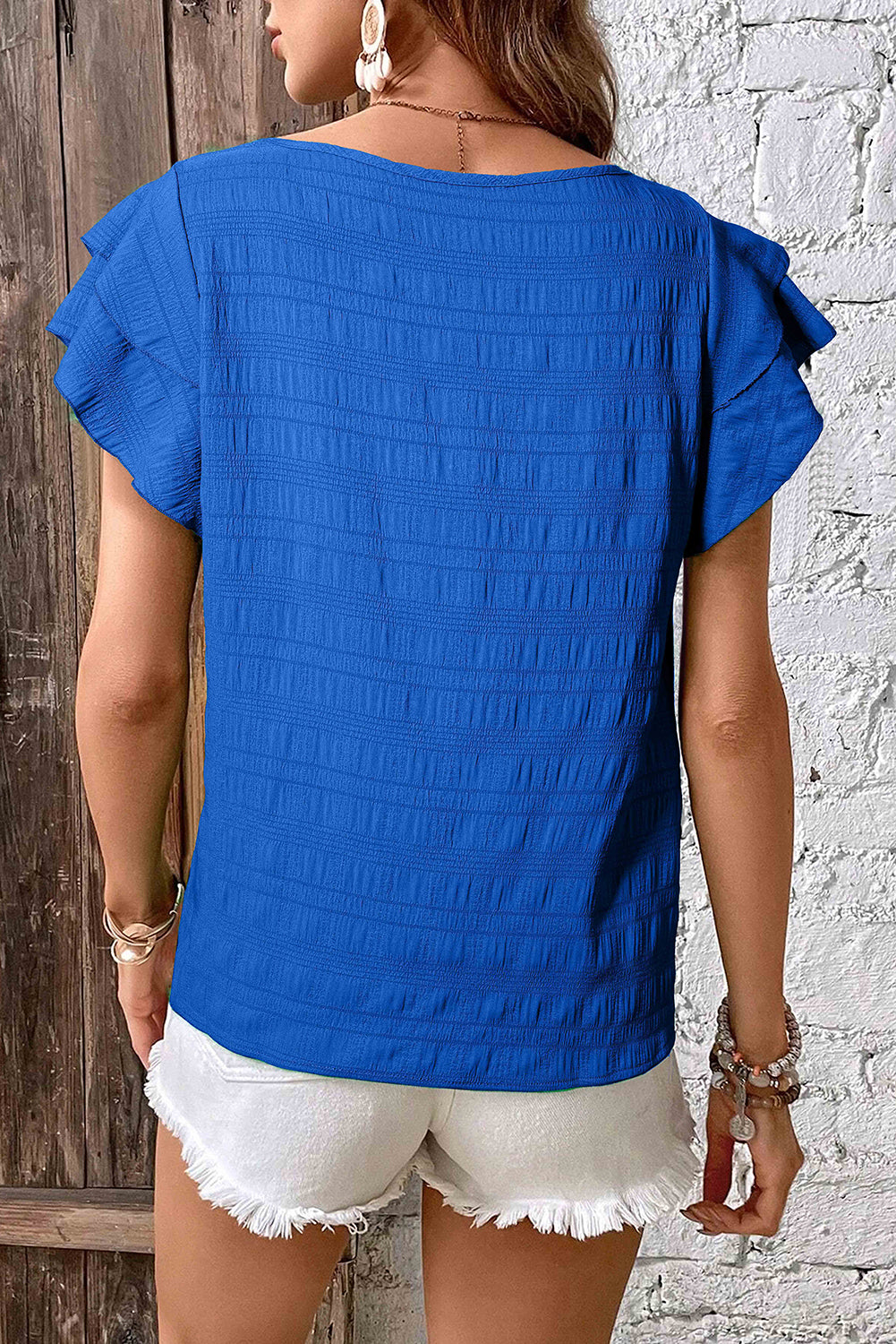 Textured Ruffled Sleeve Round Neck Top