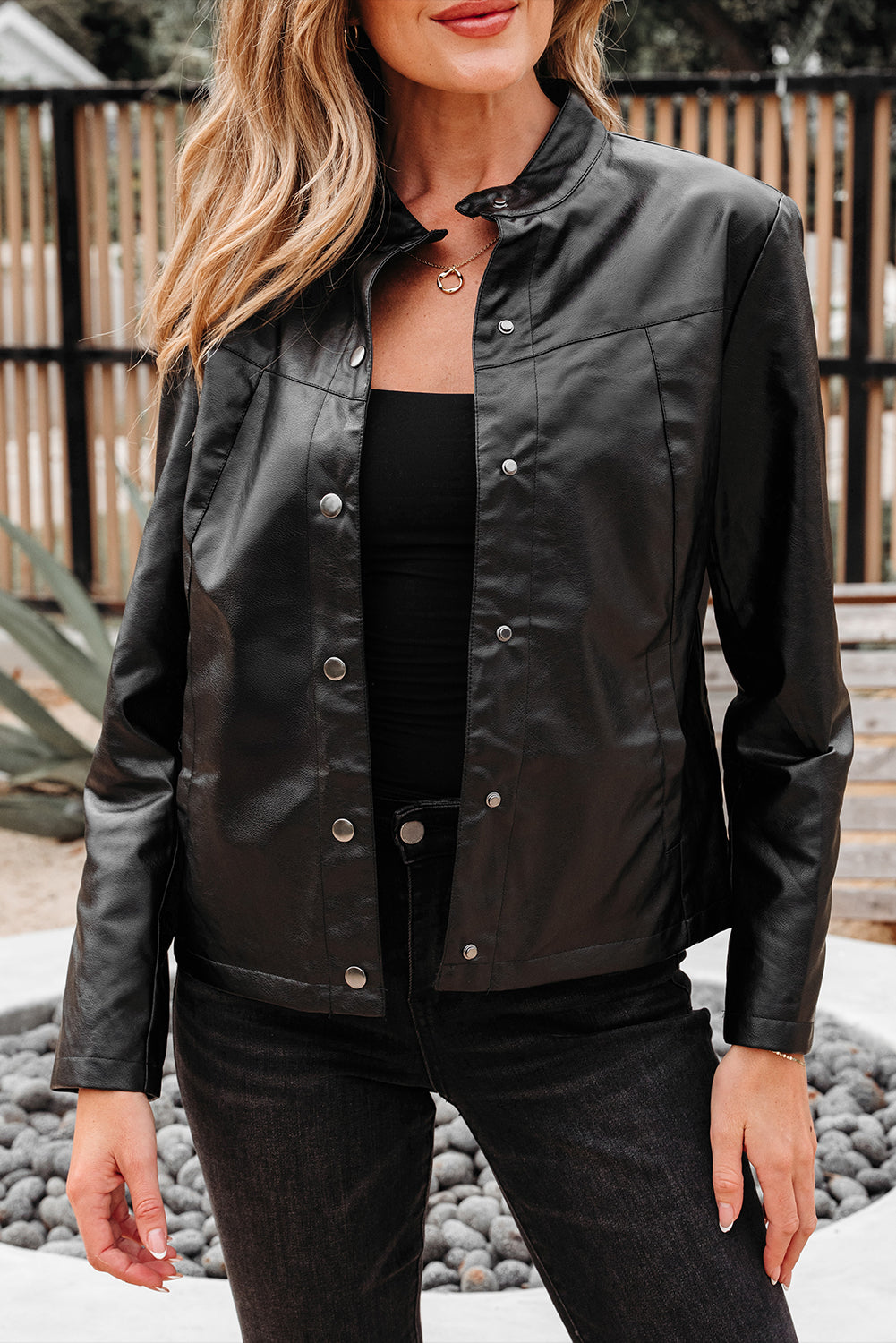 Faux Leather Buttoned Front Boxy Jacket