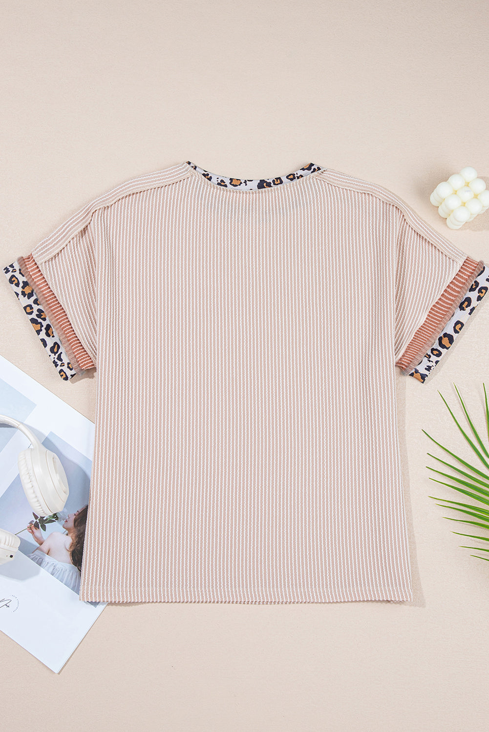 Leopard Patchwork Corded Knit Crew Neck T Shirt