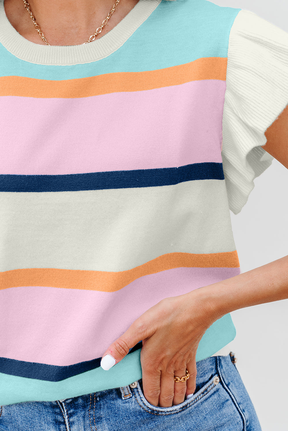 Striped Color Block Flutter Sleeve Patchwork Sweater Top