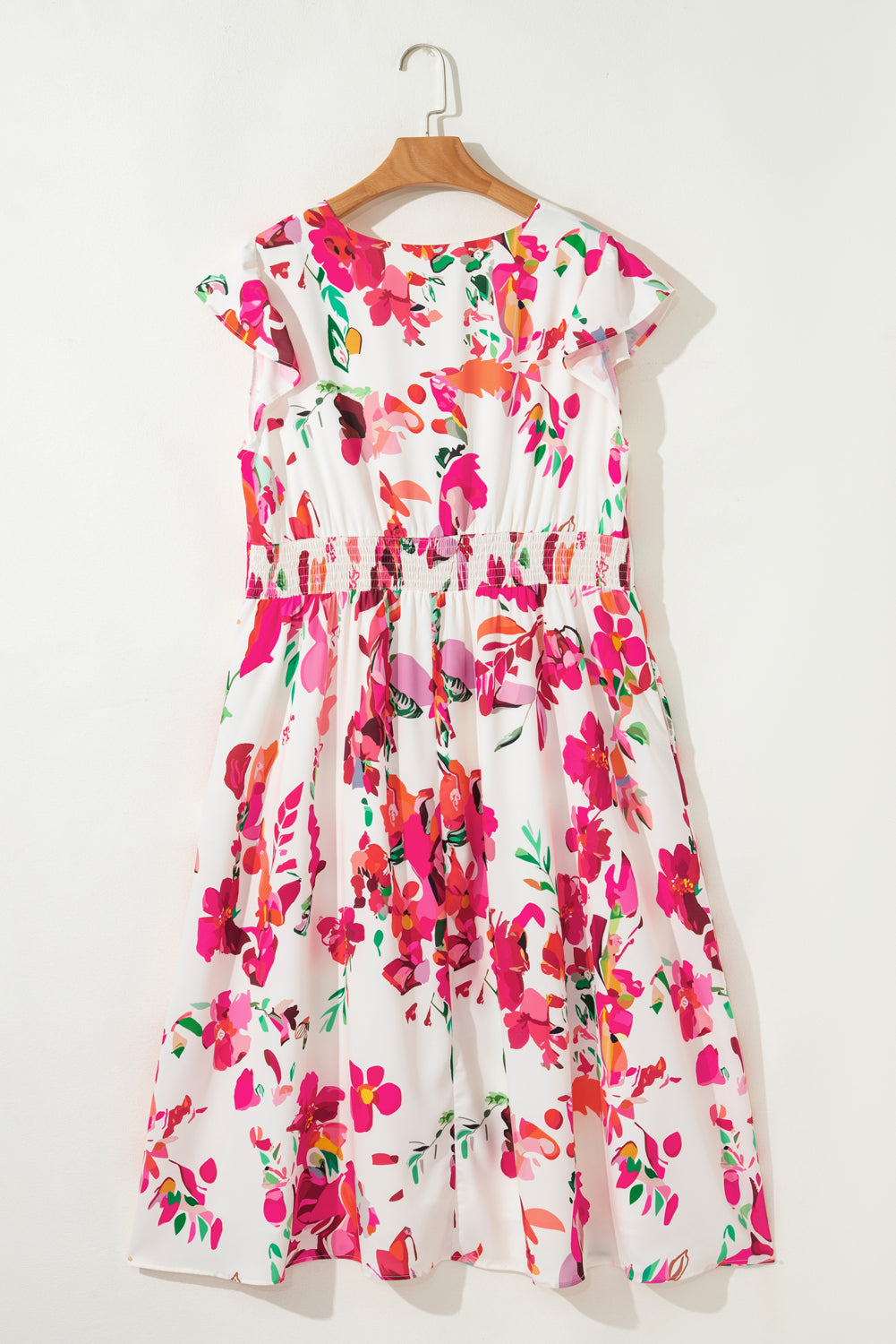 Floral Print V Neck Ruffle Sleeve Plus Size Midi Dress