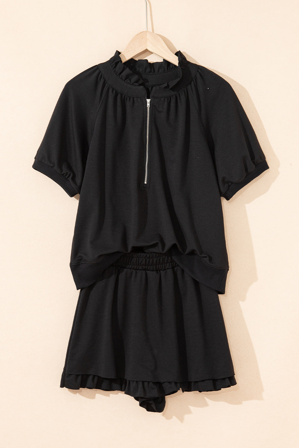 Half Zip Puff Sleeve Top and Ruffled Shorts Set