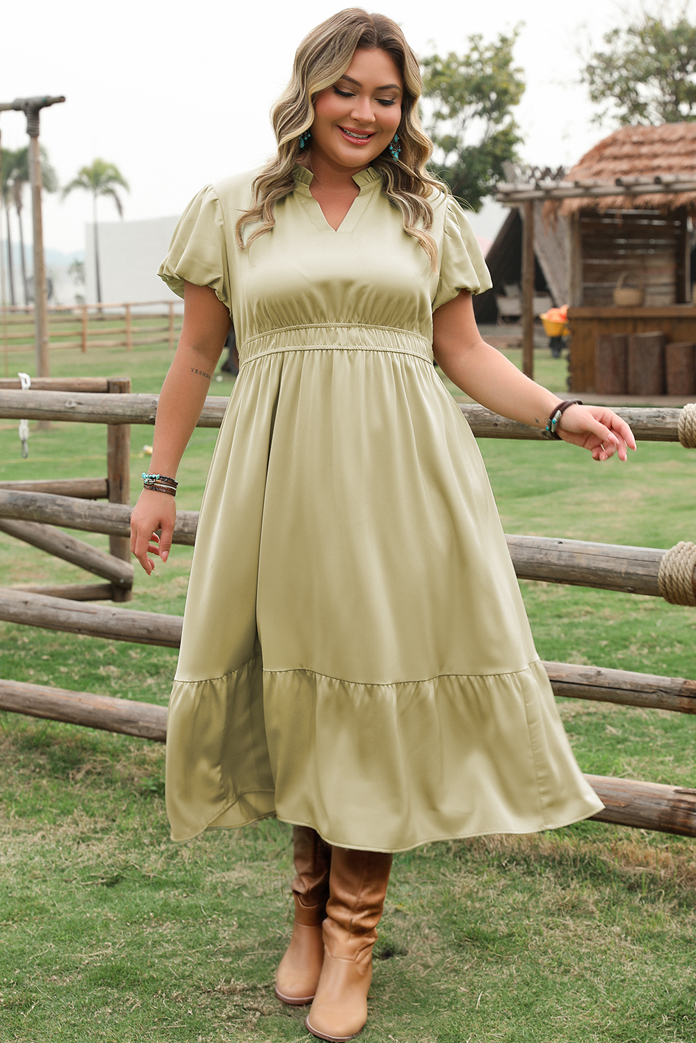 Notched V Neck Puff Sleeve Tiered Plus Size Maxi Dress