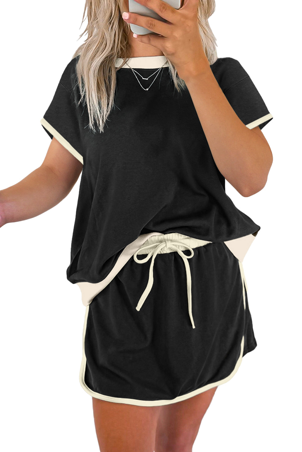Colorblock Edge Drop Shoulder T Shirt and Skort 2Pcs Set