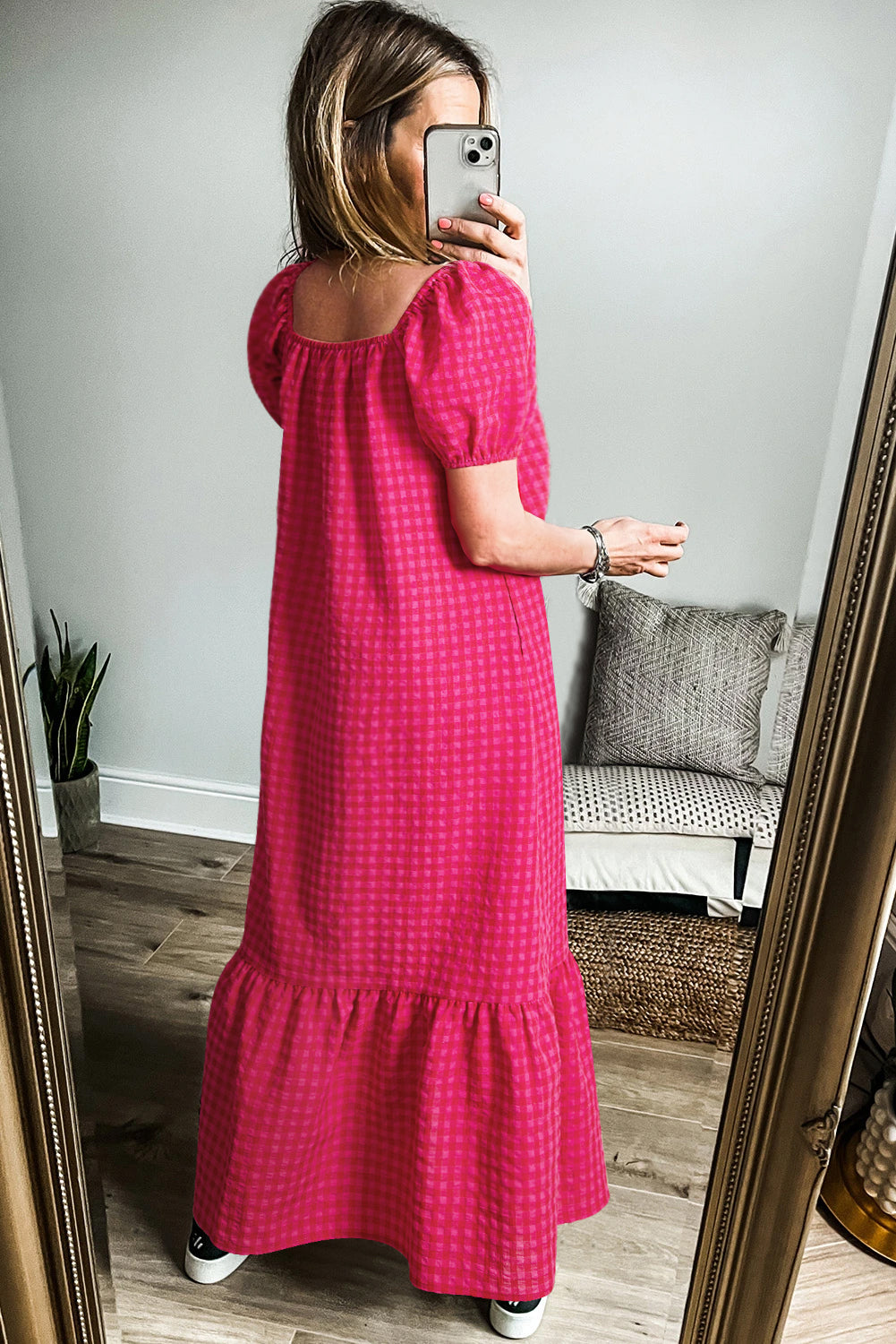Ginham Check Bubble Sleeve Ruffled Maxi Dress