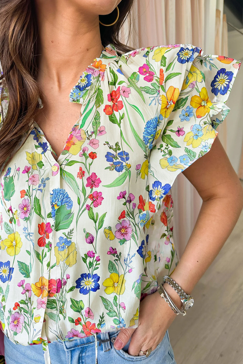 Floral Print Ruffle Tiered Sleeve Split V Neck Blouse