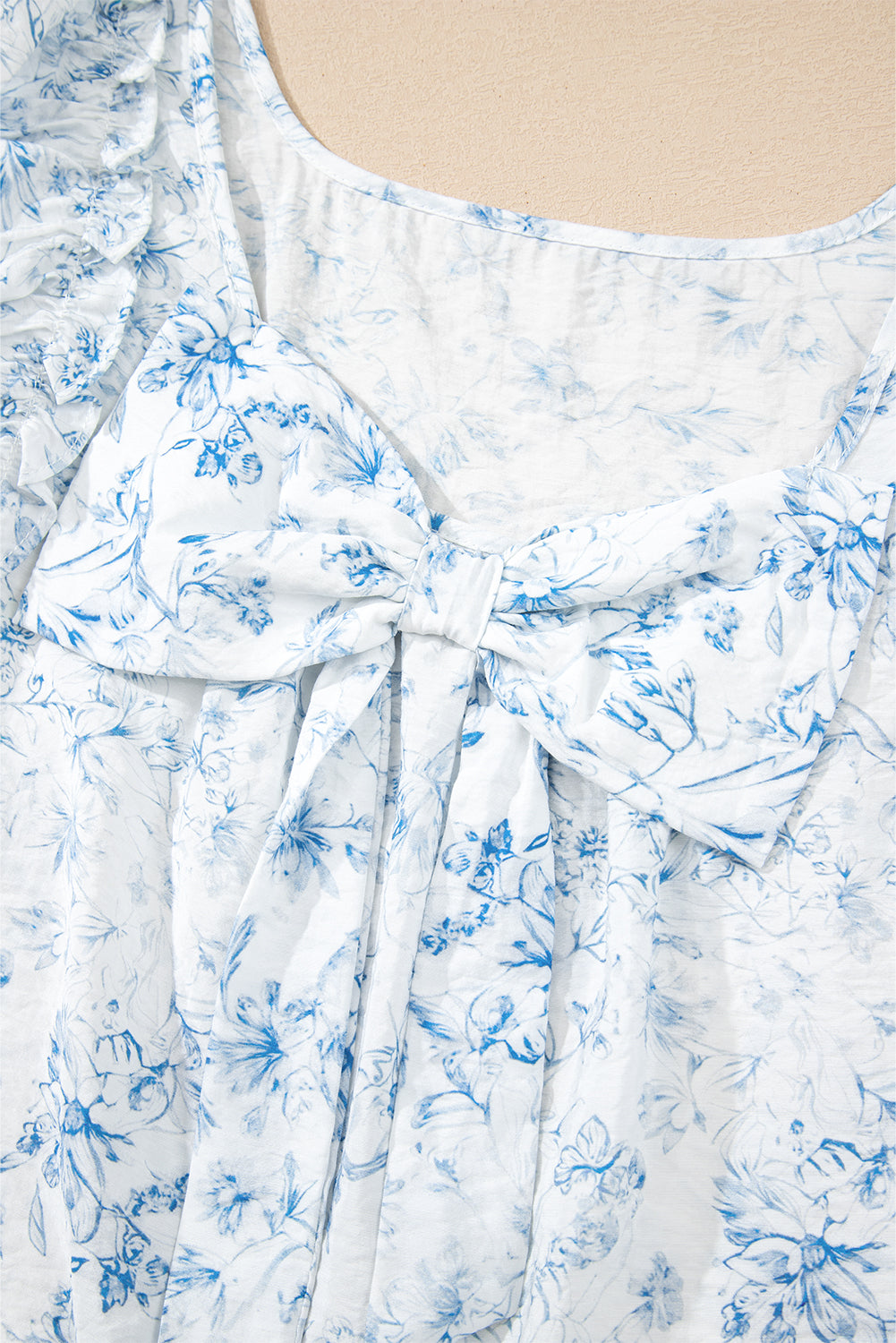 Floral Ruffled Short Sleeve Bow Back Square Neck Blouse