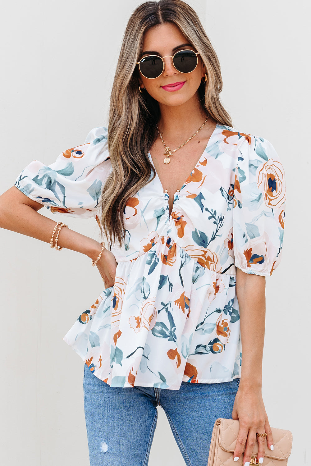 Floral Print Puff Sleeve V Neck Babydoll Blouse