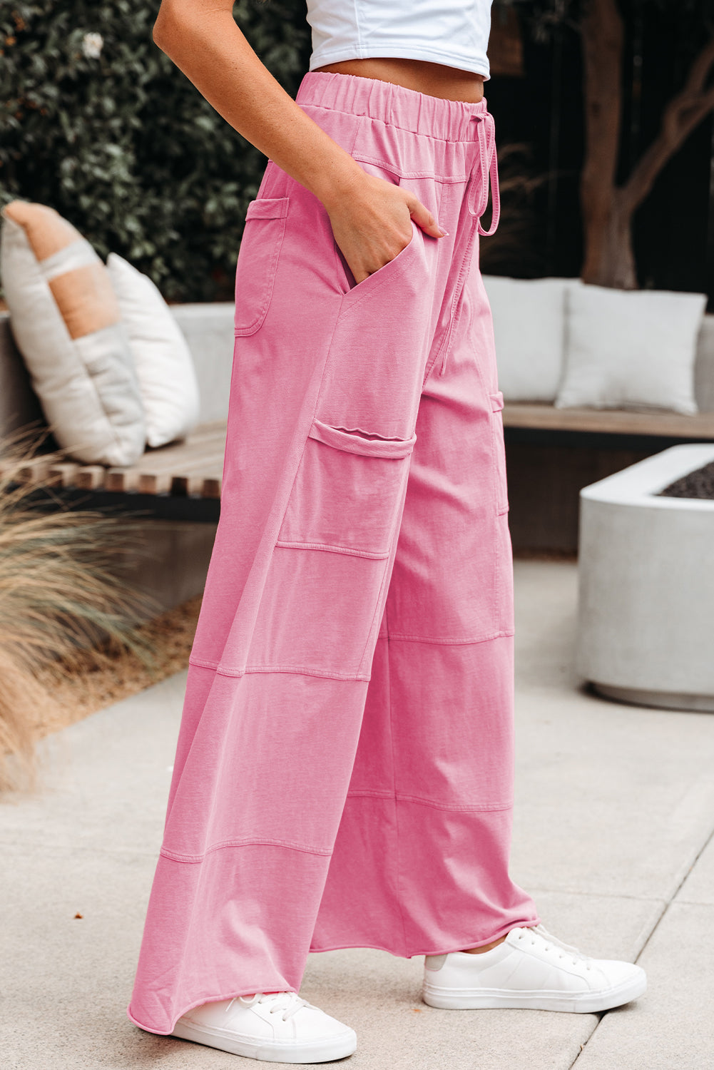 Mineral Wash Exposed Seam Drawstring High Waist Wide Leg Cargo Pants