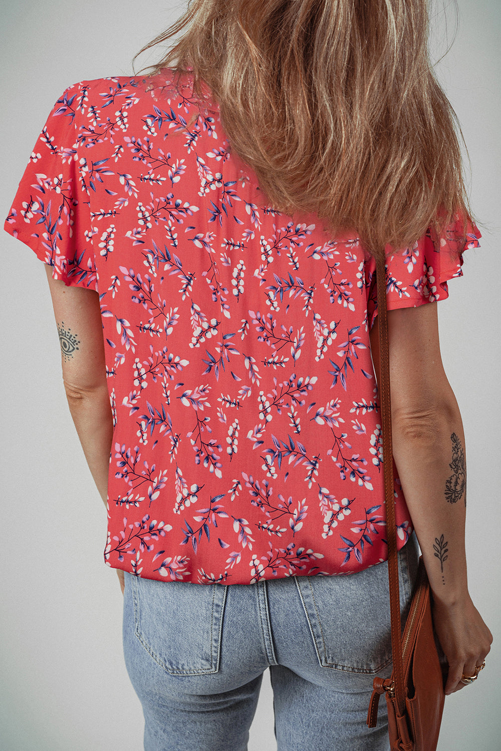 Floral Tie Split Neck Short Flounce Sleeve Crinkled Blouse