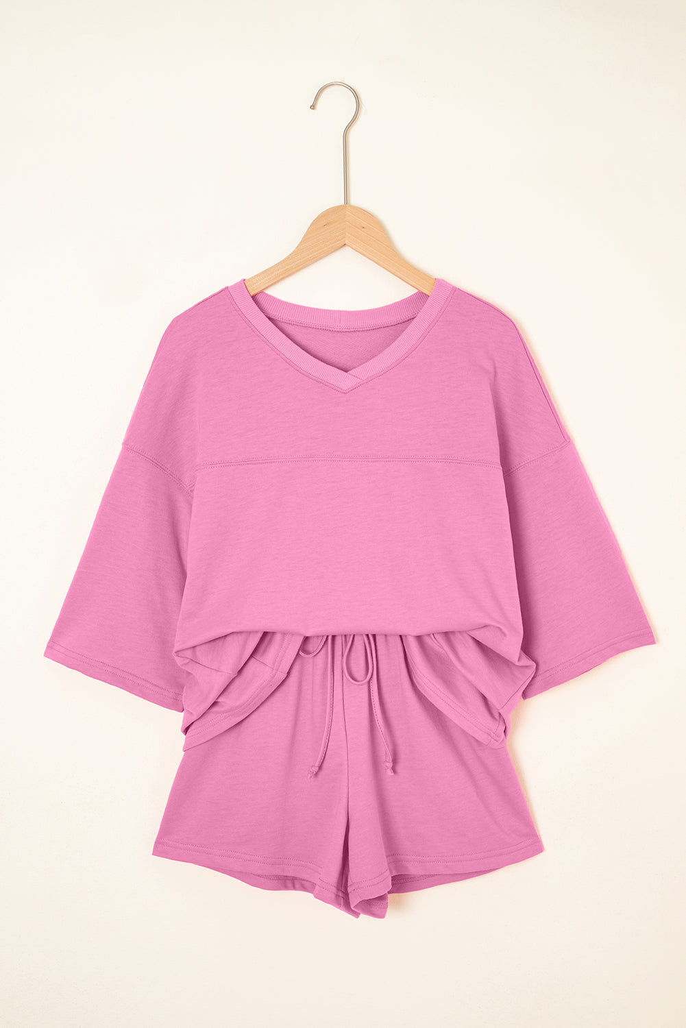 Solid Loose V Neck Half Sleeve Tee and Shorts